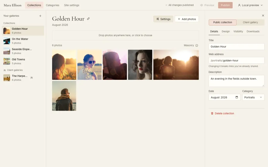 The VersoPro editor: a list of collections and client galleries on the left, the selected collection’s photos in the middle, and its settings on the right.