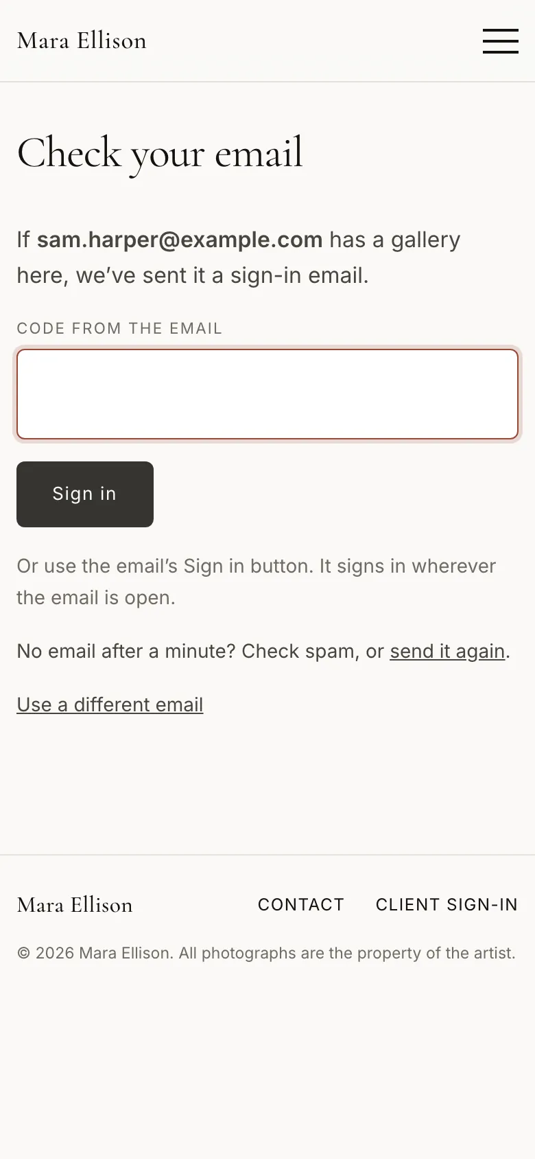 A client signing in on a phone: Check your email, with a box for the 6-digit code.