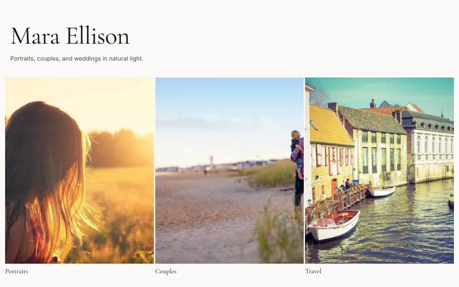 A sample portrait photographer’s home page: the name Mara Ellison above three category tiles, Portraits, Couples, and Travel.