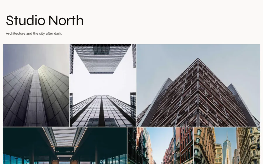 A sample architecture photographer’s home page: the name Studio North above a grid of starred building photos.
